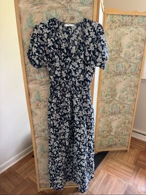 Mango Navy and White Floral Maxi Dress with Puff Sleeves Cotton